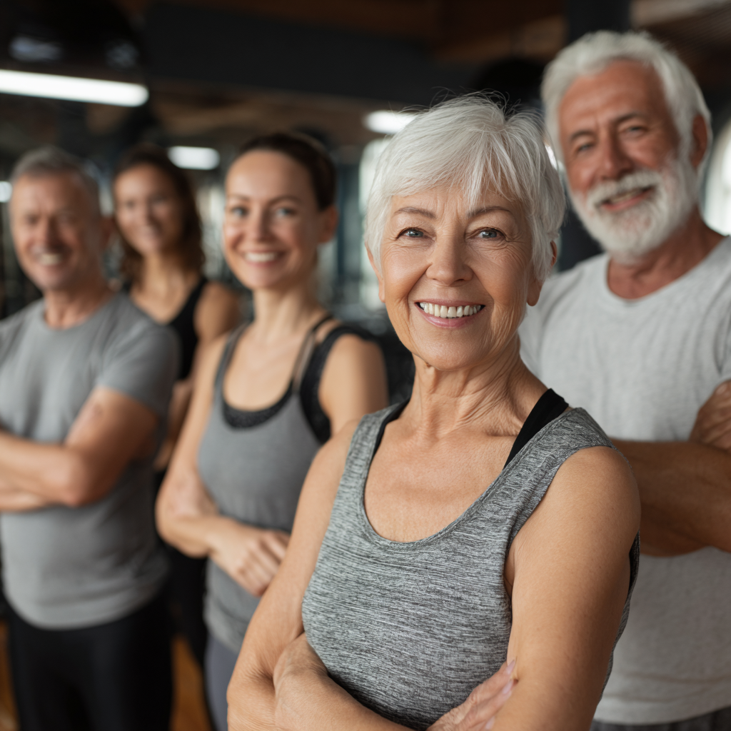 Group of white ukraninane satisfied middle-aged people after successful fitness training session