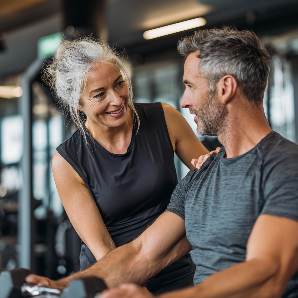 Professional fitness trainer working with middle-aged person in modern gym environment